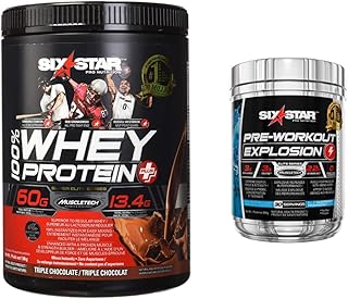 Whey Protein Powder + Creatine Monohydrate, Six Star 100% Whey Protein Plus, Lean Protein Powder, Chocolate, 4 lbs & Pre Workout, Preworkout Explosion, Pre Workout Powder, Blue Raspberry (30 Servings)