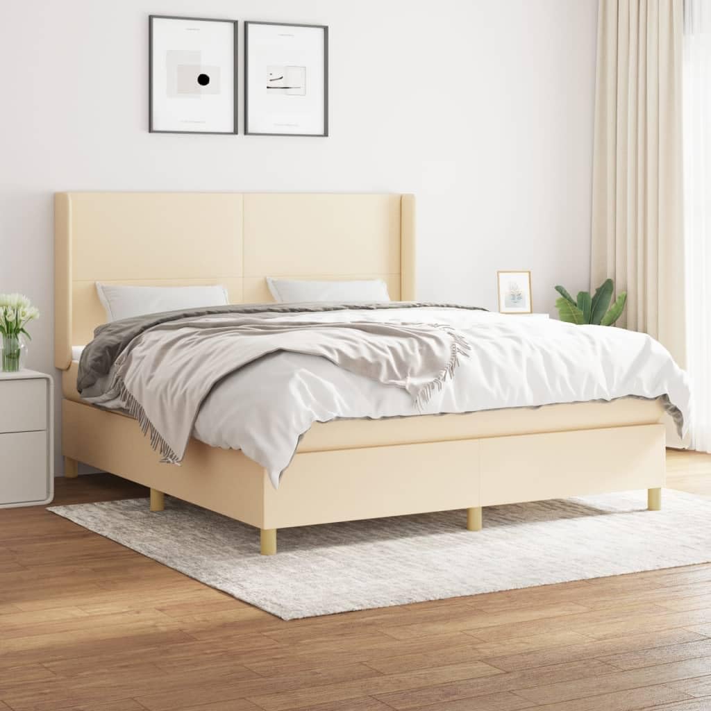 Sommier à Lattes avec Matelas 160x200 cm, Tissu crème Respirant, Tête de lit réglable, Matelas Ressorts ensachés, Surmatelas 5 cm, Lit Noyer Robuste, Idéal Chambre Adulte