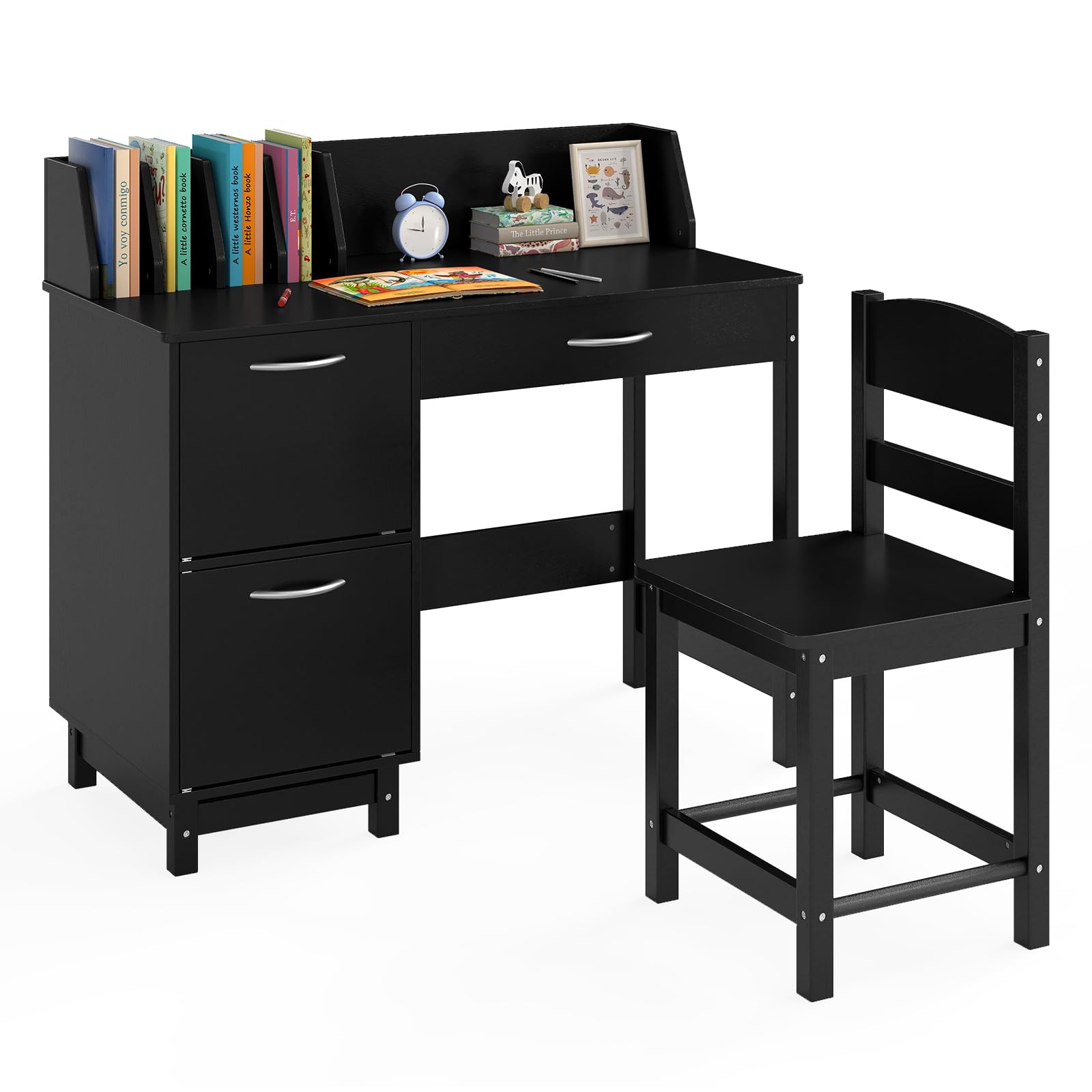 Costzon Kids Desk and Chair Set, Wooden Student Study Desk Set w/Hutch, Storage Drawer &amp; Cabinets for 3-8 Years Old Child, Writing Computer Workstation for Bedroom School (Upgraded, Black)