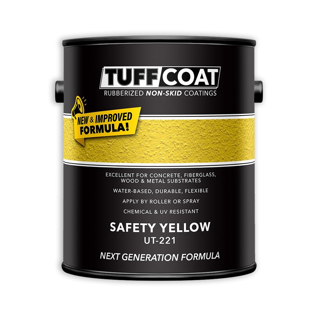 Tuff Coat Medium Texture Rubberized Non-Skid Deck Coating – Textured Non-Slip Safety Surface for Pool Decks, Docks, Boat Ramps, Patios, Walkways &amp; High-Traffic Areas (UT-221 Yellow 1-gallon)