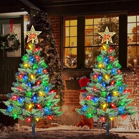 Upgraded Set of 2 Solar Christmas Tree, Outdoor Christmas Decorations,Prelit Xmas Tree w/ 100 LED Multi-color C6 String Lights for Outsdie Holiday Display Yard Front Porch Pathway Grave Cemetery Decor Cover