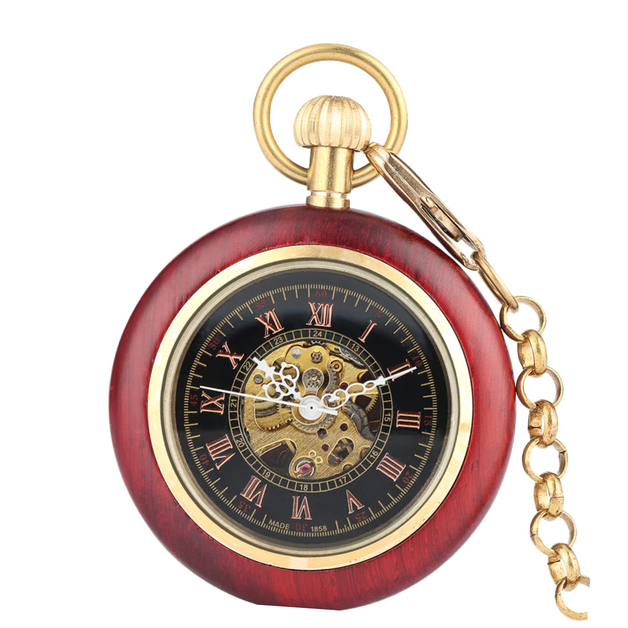 GALPADA Reloj de Bolsillo Mecánico Vintage Cadena, Diseño con Números Romanos de Madera y Aleación, Fácil de Transportar y Almacenar, Obsequio Práctico para Eventos Formales