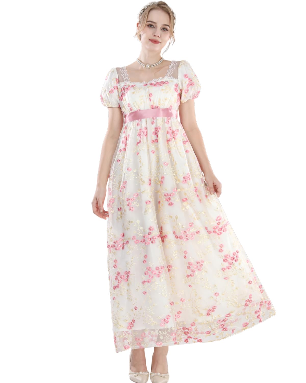 CR ROLECOS Regency Dresses for Women Victorian Dresses Long Dress Tea Party Gown Floral Pink Dress M