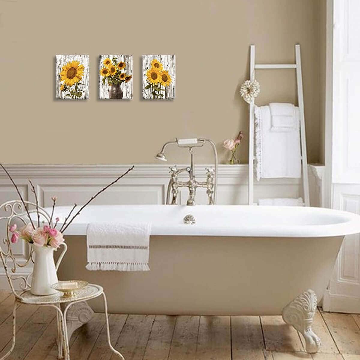 Sunflower Bathroom Decor Canvas Wall Art for Bedroom Rustic Sunflower Kitchen Decor Yellow Vintage Wall Sunflowers Artwork for Walls Paintings for Bedroom Decorations Framed 12x16inchx3pcs