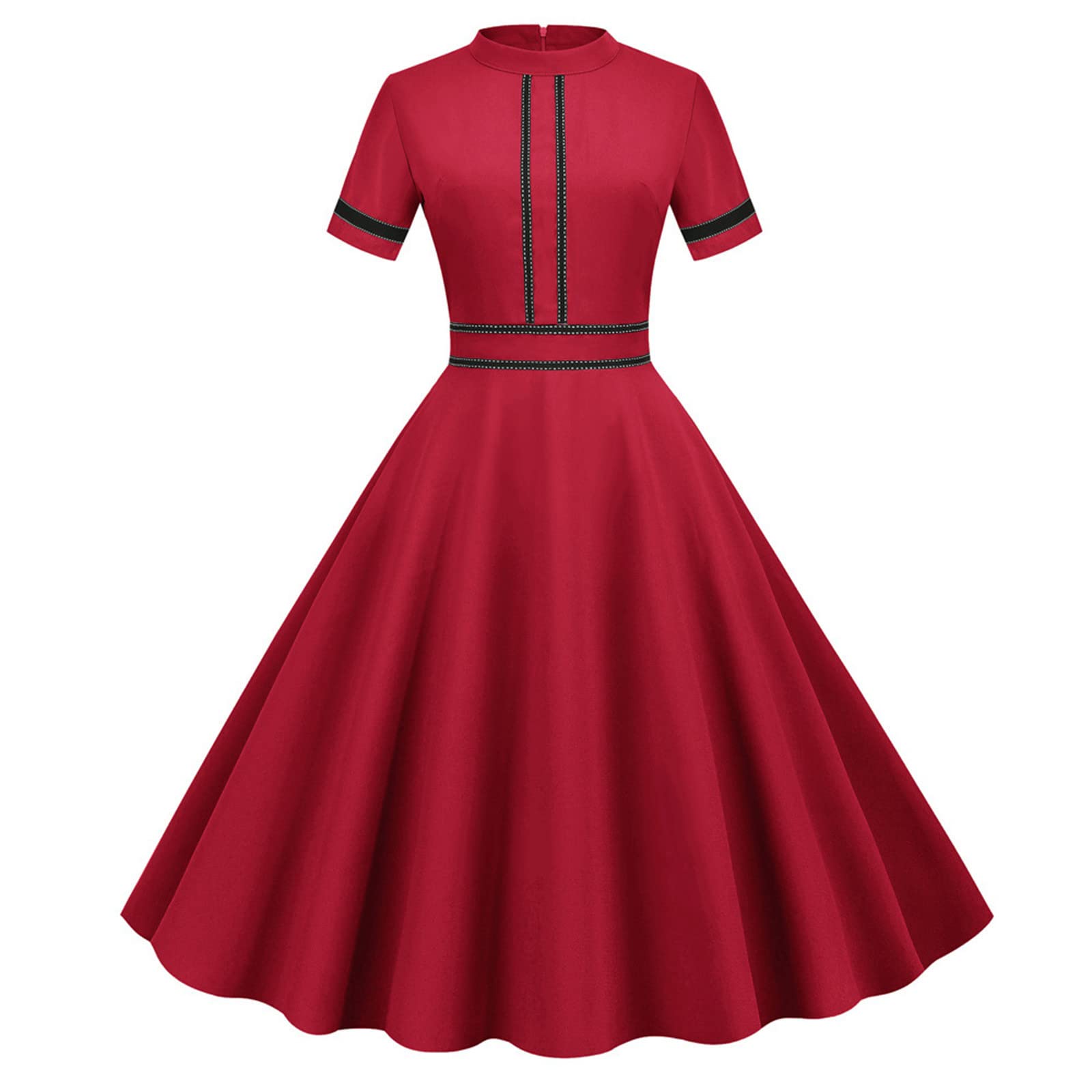 FSAHJKEEWomen's Retro Dress Robe Summer Short-Sleeved V Collar Solid Color High Waist Belted Party Casual Office Long Skirt