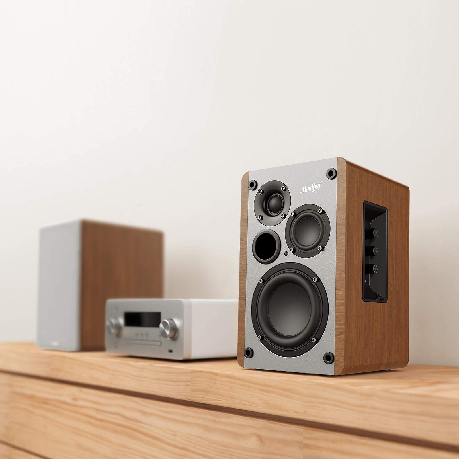 Moukey Powered Bookshelf Speakers Pair Bluetooth 5.0 Studio Monitors, 3 Way 4+2+1‘’ Speakers