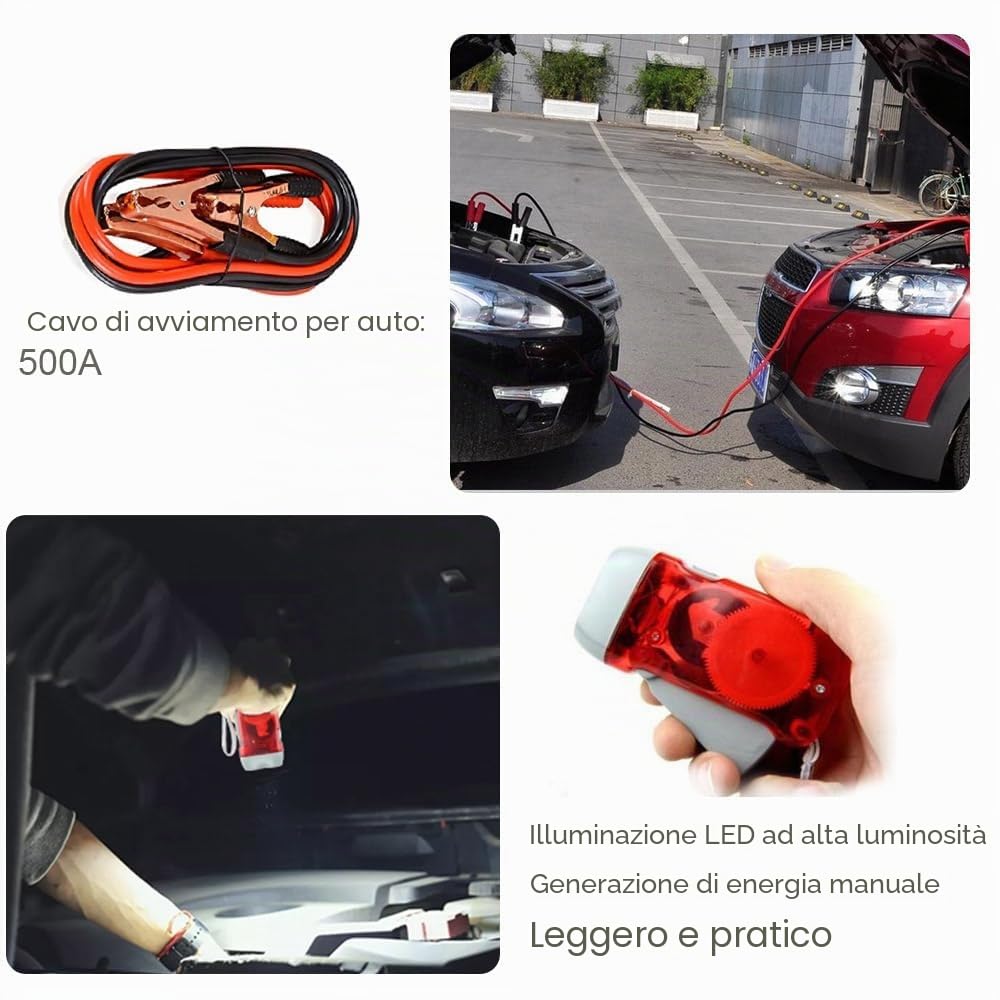 Set di attrezzi di emergenza per auto, 13 in 1, set di attrezzi di sicurezza per i viaggi, con cavi di collegamento, triangolo, giubbotto di avvertimento, corda da traino, martello di sicurezza auto