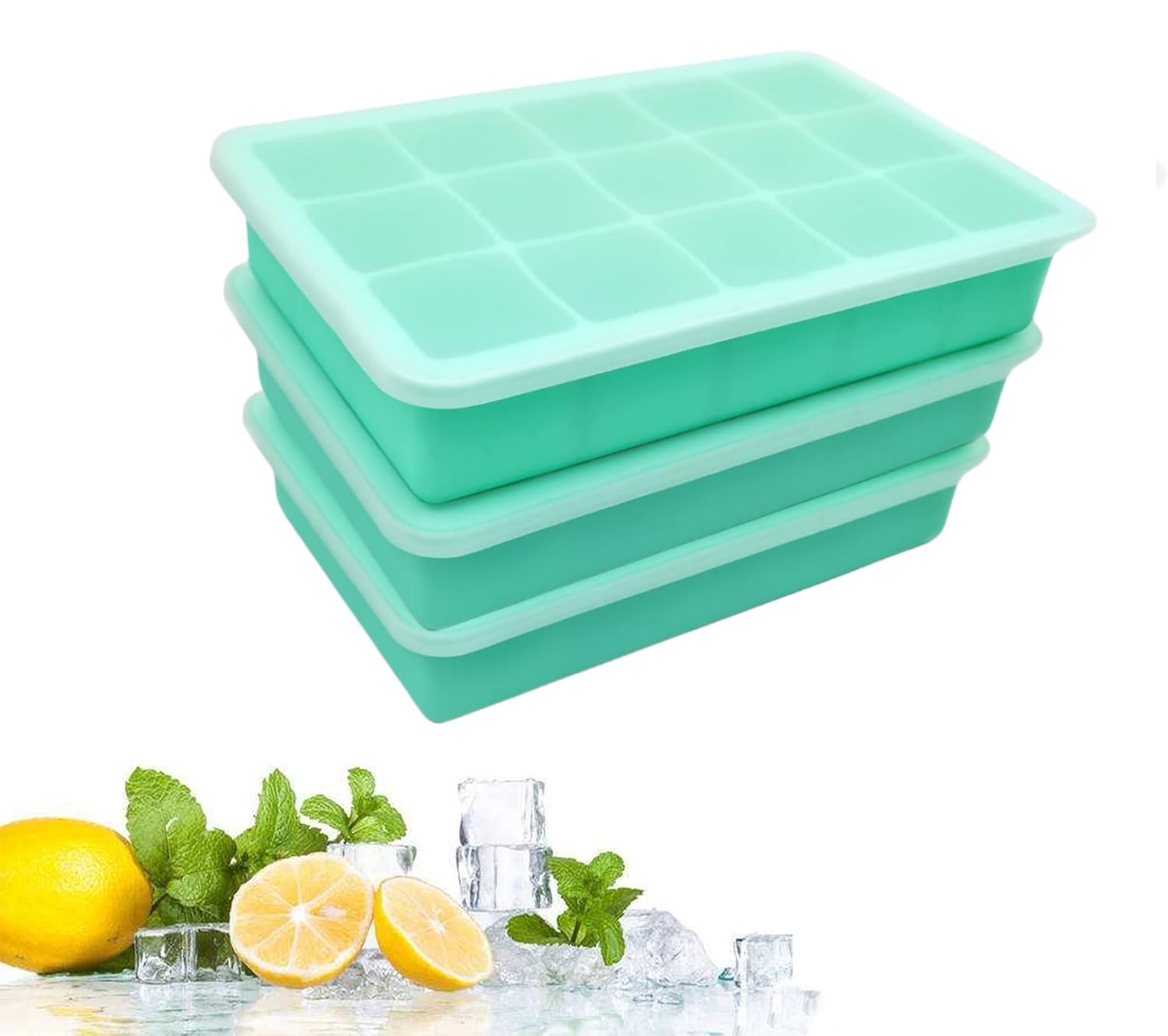 Silicone Ice Cube Trays with Lids, 3 Pack 45-Cube (15 per Tray) BPA Free, Light Green & Clear Cover, Stackable, Easy-Release for Whiskey, Cocktails, Baby Food, Freezer