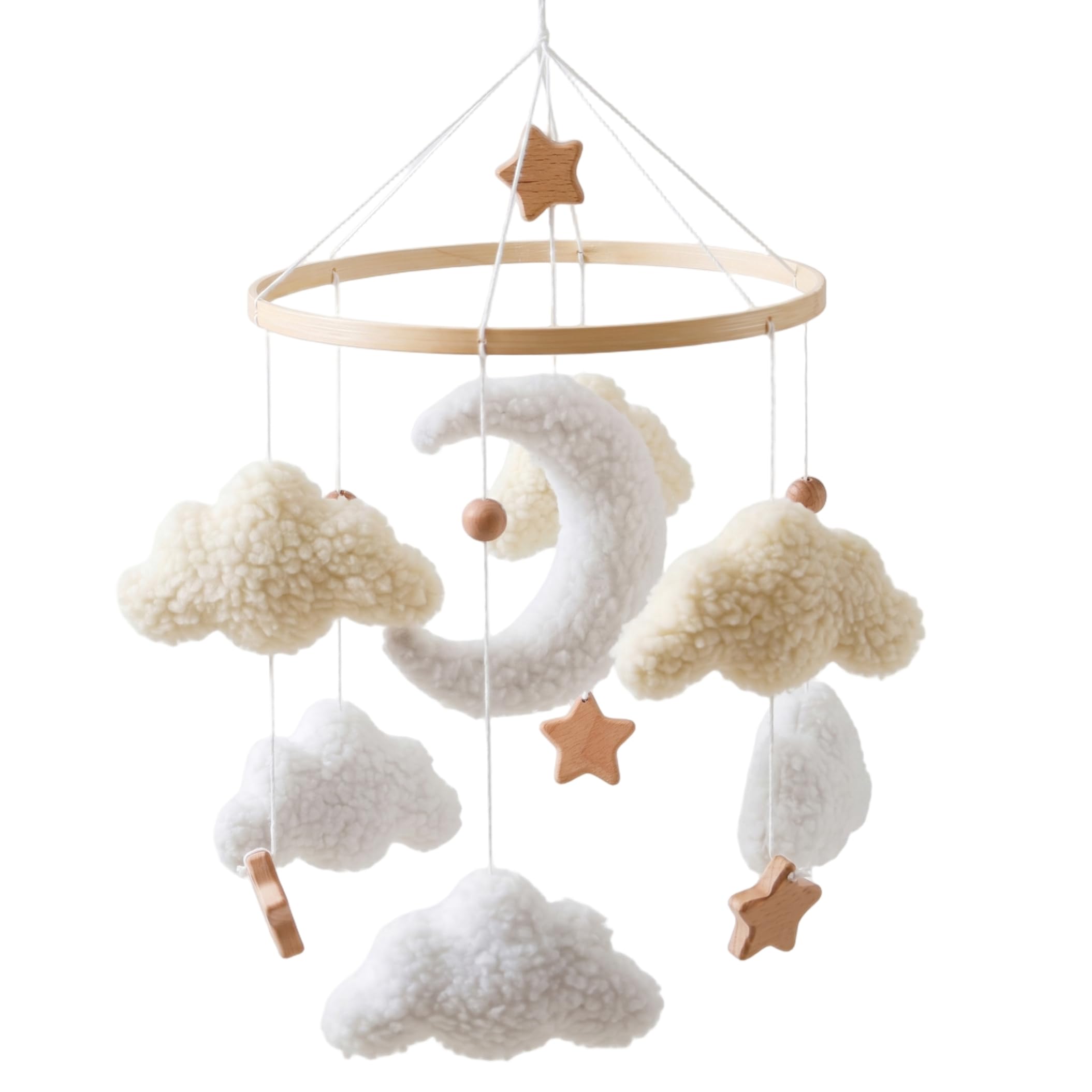 Joygoodta Nursery Mobile for Children, Hanging Baby Mobile for Crib with Soft Cloud, Moon & Wooden Star Fits Cribs & Strollers for Bedroom Living Room, Beige