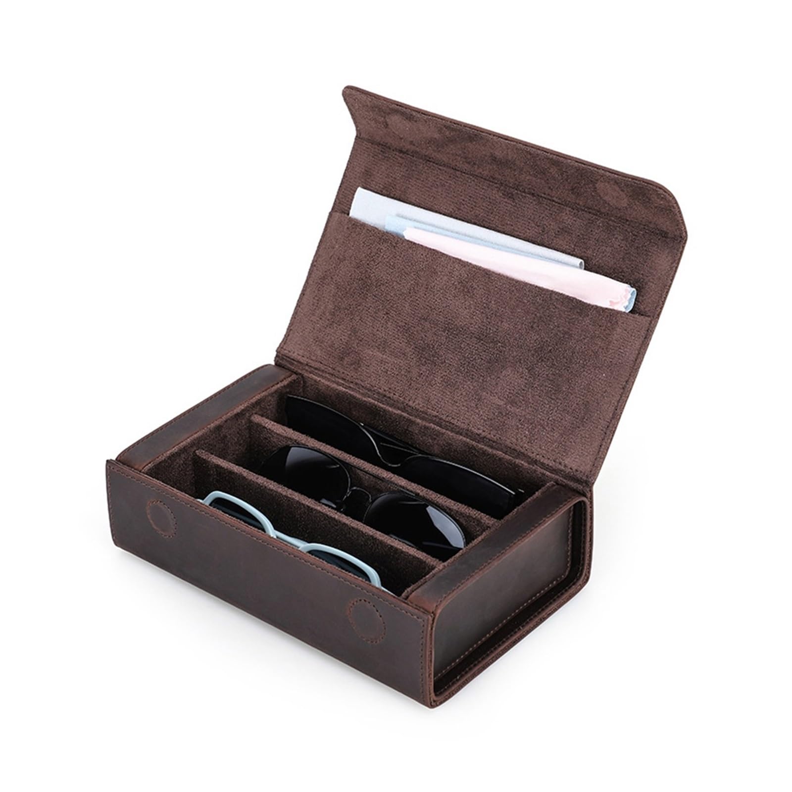 Étui à Lunettes en Cuir Vintage, 3 emplacements, Fermeture magnétique, Poche Chiffon Nettoyage, Portable Homme Femme