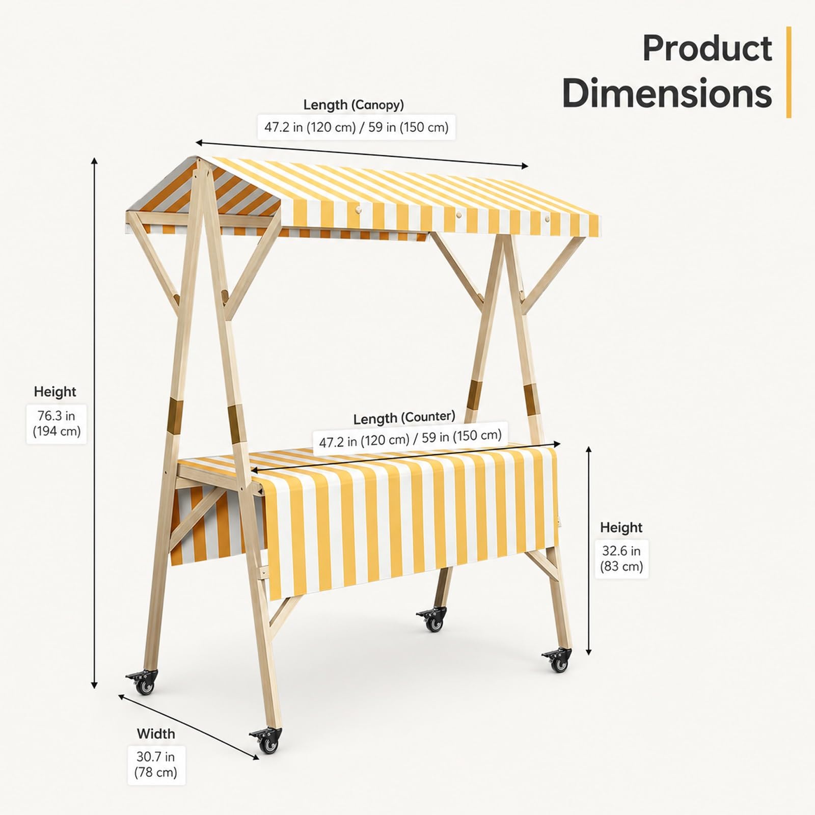 Carrito De Venta Portátil con Toldo, Carritos De Comida Móviles con Ruedas con Bloqueo, Puesto Ambulante Plegable, Kiosco Snack Madera, Stand Exhibición para Bazar Y Catering(White,L 120cm/47.2in)