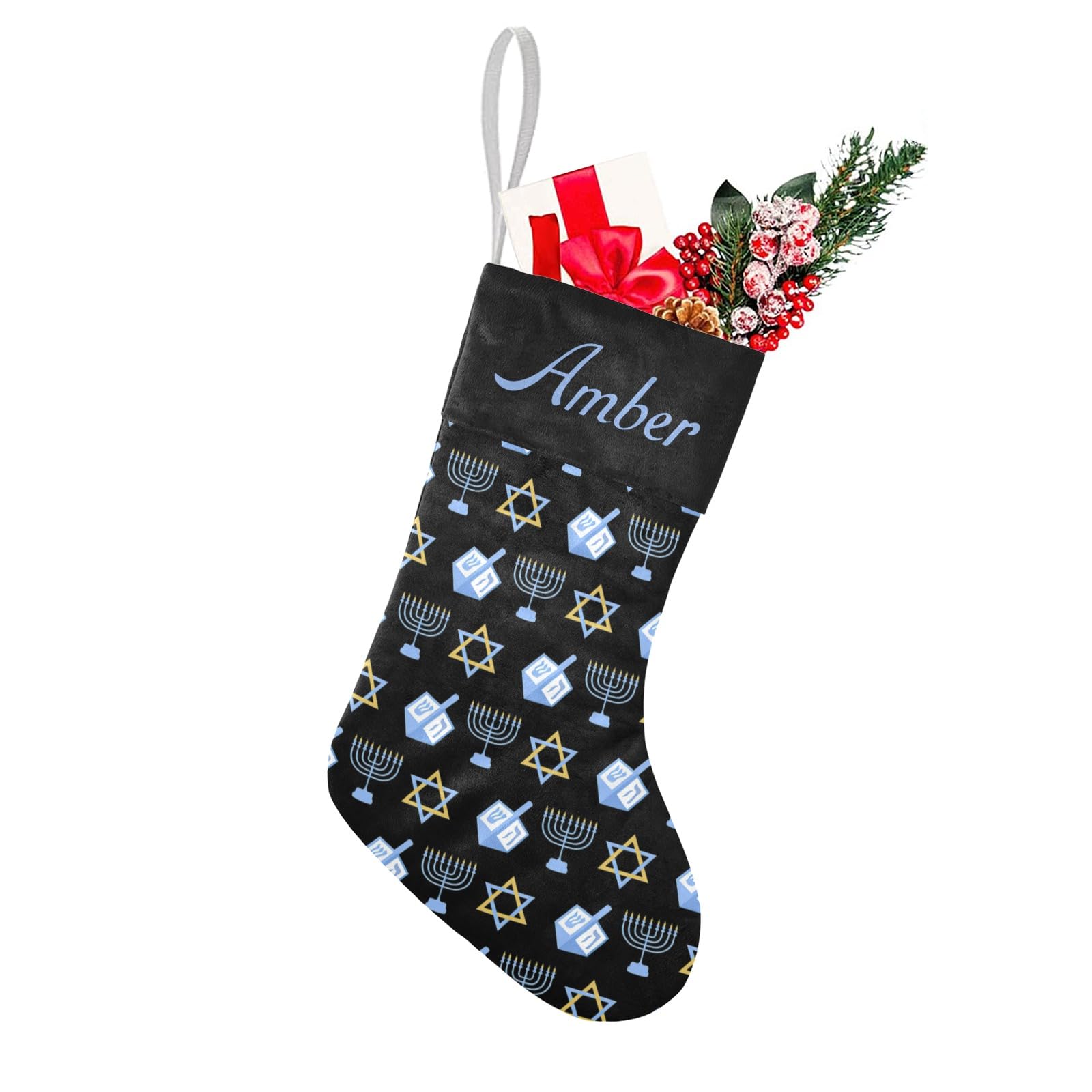 Black Hanukkah Star Christmas Stocking Christmas Stocking Personalized with Name Pet Socks Family Birthday Party Decor 17.52 x 7.87 Inch