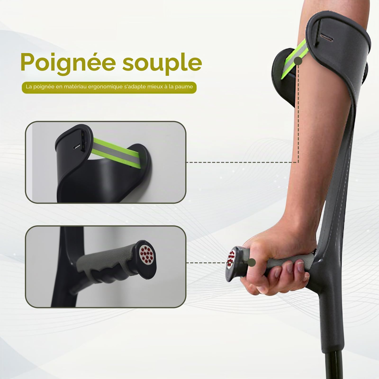 Béquille pliable pour adultes, femmes et hommes, légères et réglables en hauteur avec poignée confortable, poignée ergonomique, avec base antidérapante, aide à la mobilité et à la marche, noir