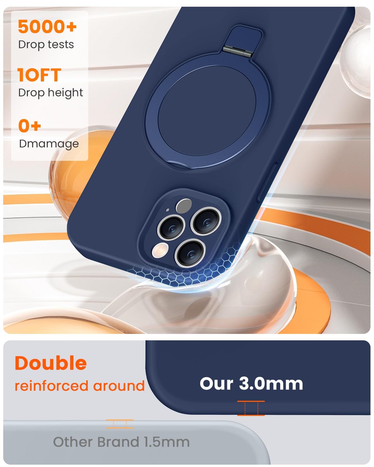 Funda de silicona líquida para iPhone 13 Pro MAX con soporte de anillo magnético, protección mejorada de lente de cámara, a prueba de caídas de grado militar, funda de silicona con forro de