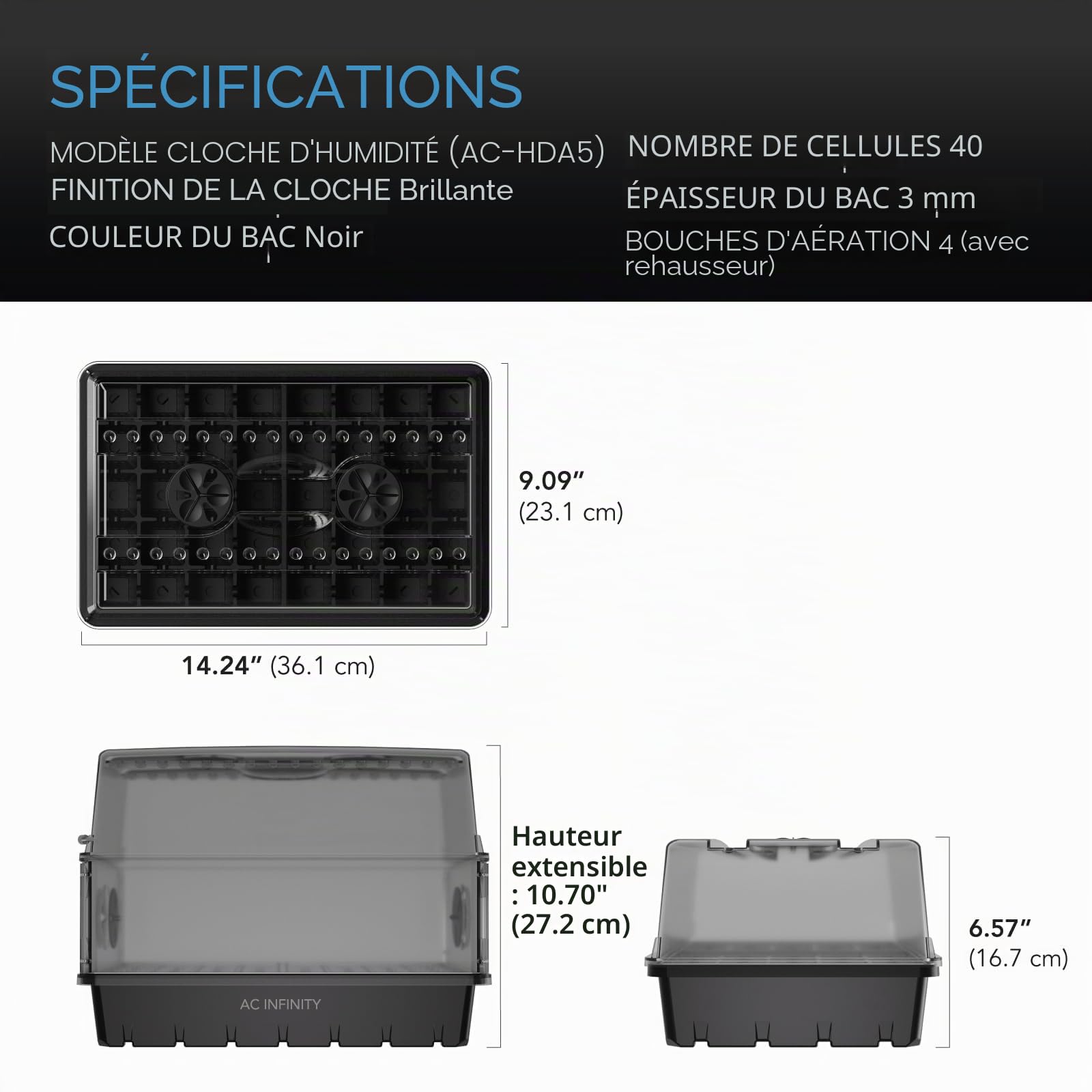AC Infinity Dôme d'humidité, kit de Germination avec Plateau d'égouttement Robuste, Plateau de semis de 5 x 8 cellules et Panneaux d'extension ventilés en Hauteur, pour Le démarrage des graines, la