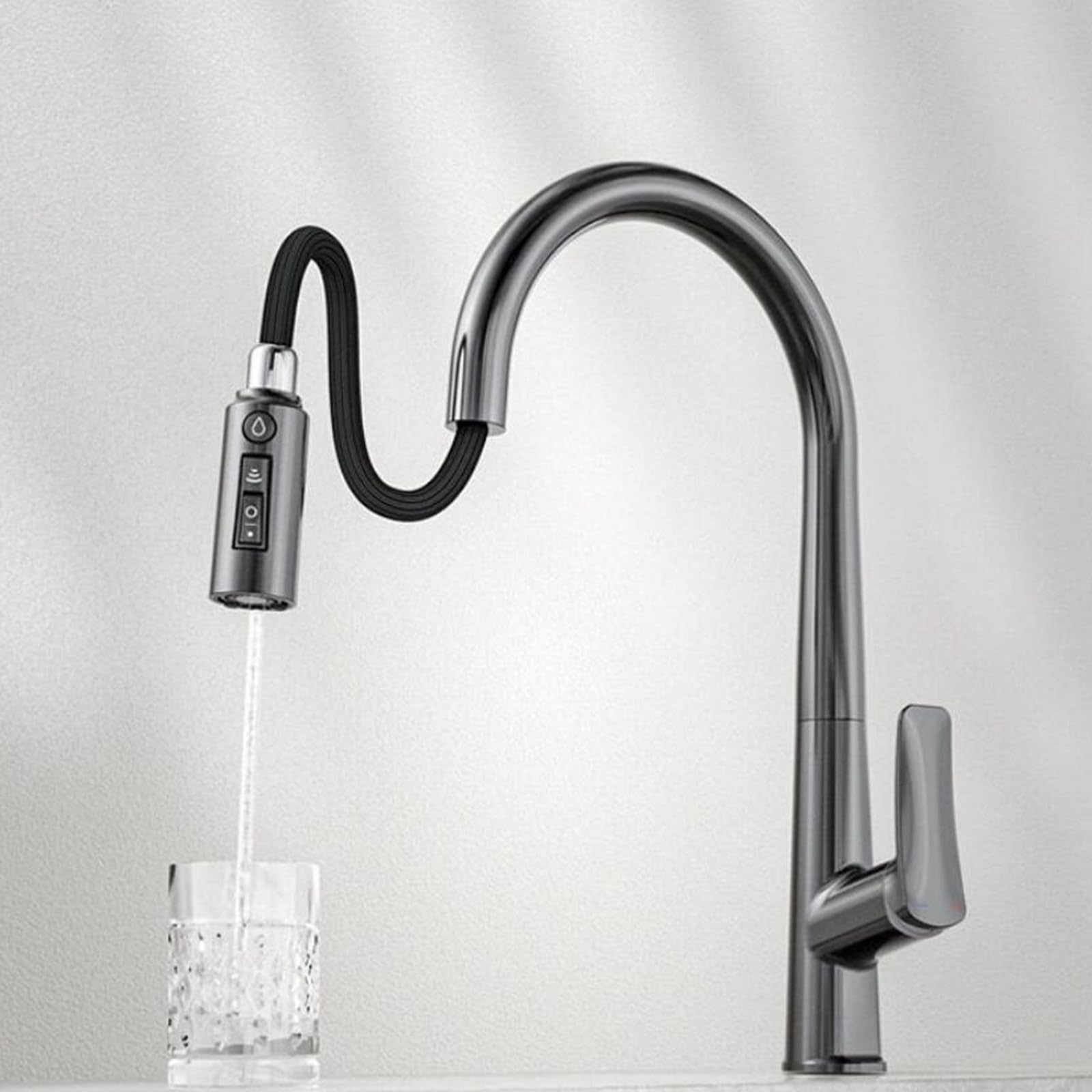 ZYCHSJXA 3 Way Kitchen Tap Pull Out Sink Taps Swivel 4 Mode Brass-Grey