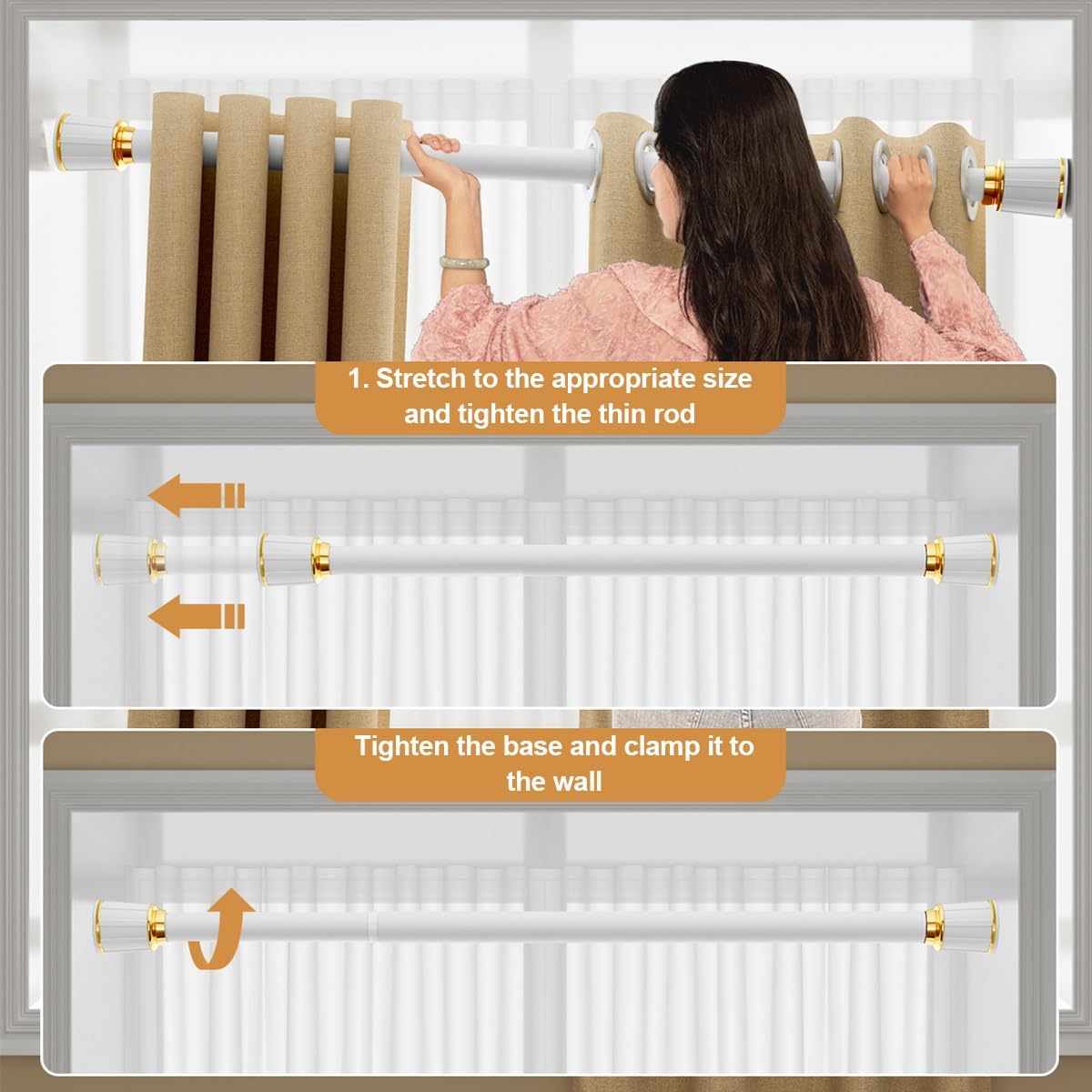 32mm Vorhangstange Ohne Bohren, 40-500cm Teleskopstange Vorhang Ausziehbar, Matt Schwarz Multifunktionale Gardinenstange Klemmbar für Fenster Küche Schrank und Badewanne(Weiß,410-500cm)