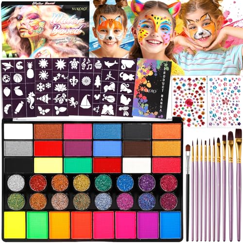 Vautvis Tinta facial crianças, 42 cores pinturas caras infantis com 11 pincéis, 40 modelos, 2 autocolantes de diamantes, pinturas faciais para crianças hipoalergénicas, maquilhagem carnaval Halloween