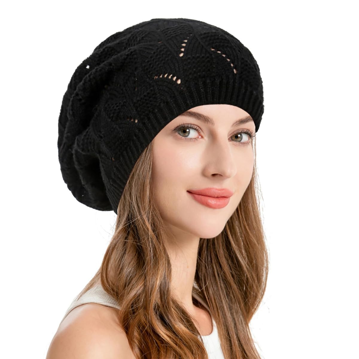 kapelusz, Ciepły, dzianinowy beret damski z wycięciami, luźny, szydełkowy, lekka czapka beanie(Brown)