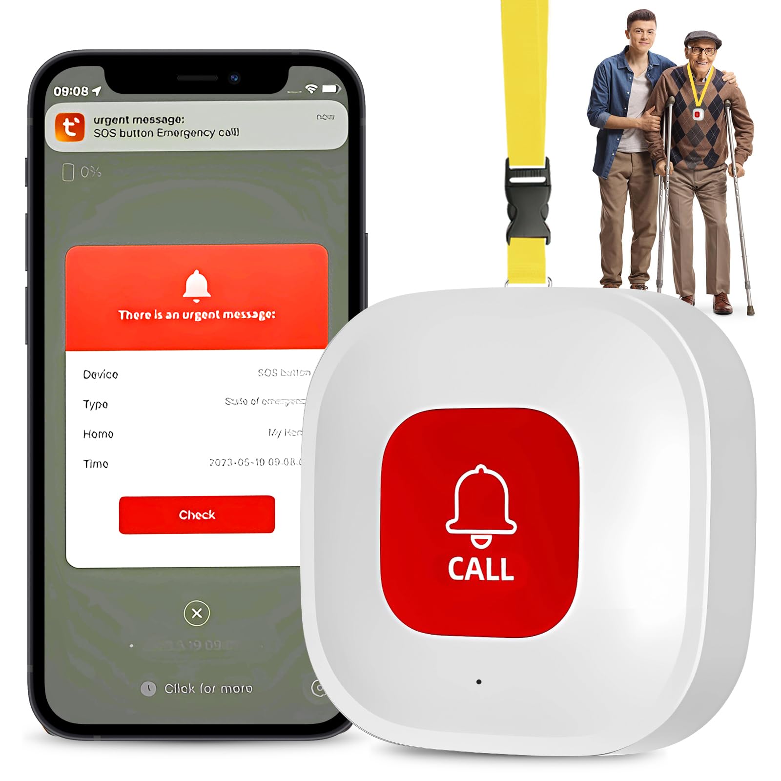 Vegena White Tuya Wifi Smart Personal Alarms For Elderly, Wireless Panic Button For Emergency, Elderly Alarm Call Button, Supports 2.4Ghz Wi-Fi, No Fees, Sos Panic Alarm For Elderly Caregivers