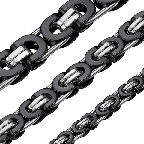 ChainsHouse Flat Byzantine Link Necklace for Men 6mm/8mm/10mm Width, 18K Gold Plated/Stainless Steel Black Byzantine Chain Necklaces, 18