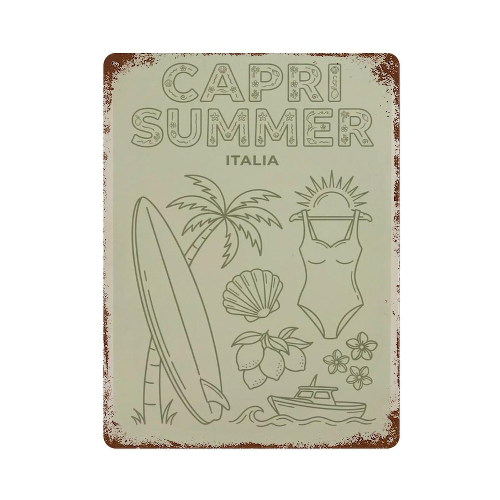 xiaoxiaoshen Capri Summer Italy Minimal Italian Travel With Surfboard Palm Tree And Lemon Med Wall Decor Art Metal Tin Poster Modern Home Decor Art Home Bar Shop Decorations Vintage Sign 40x30cm