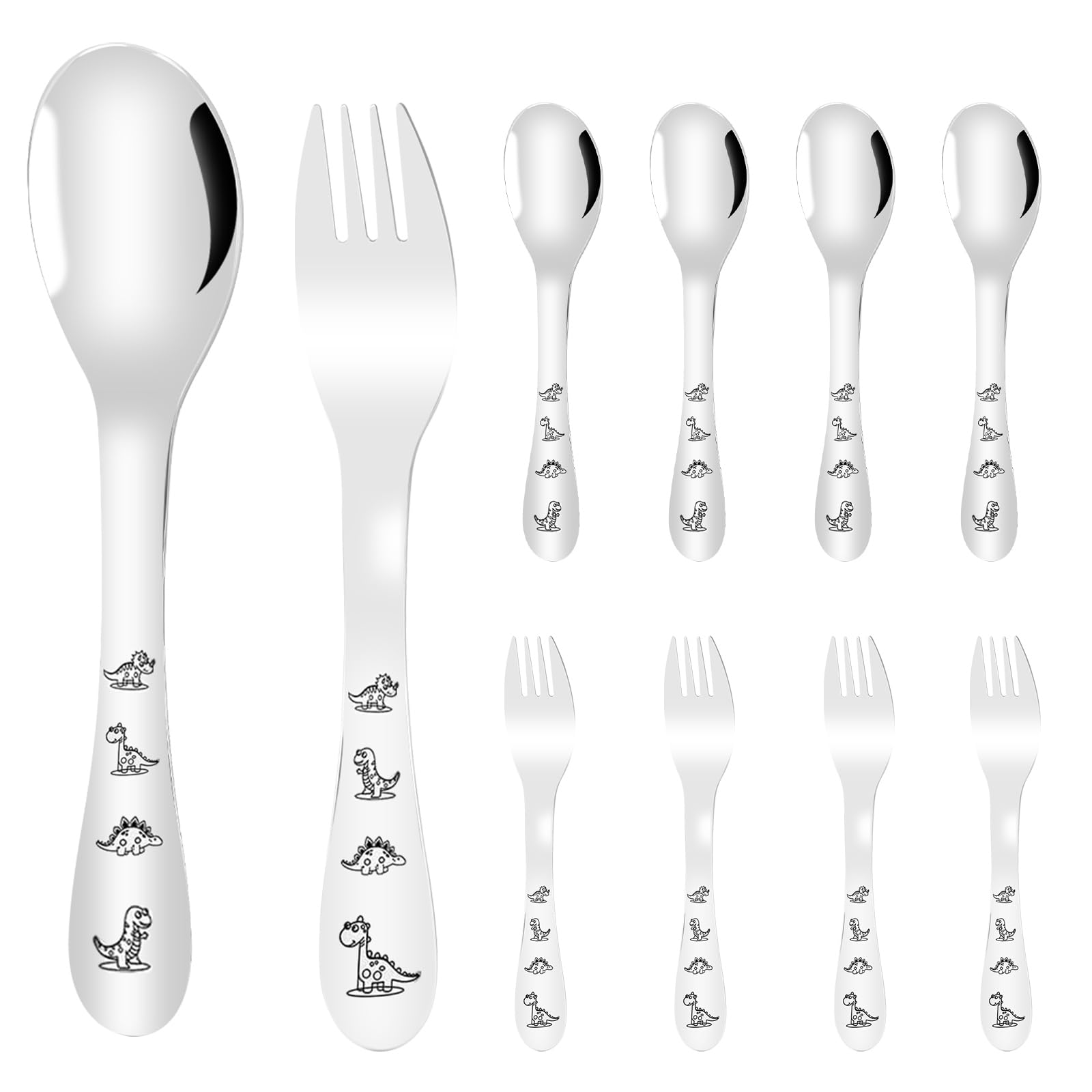 10Pcs Toddler Utensils Set Safe Stainless Steel Cartoon Dinosaur Kid Silverware Set Mirror Polished Kids Utensils Forks and Spoons Tableware Flatware Kit Dishwasher Safe(Sliver)