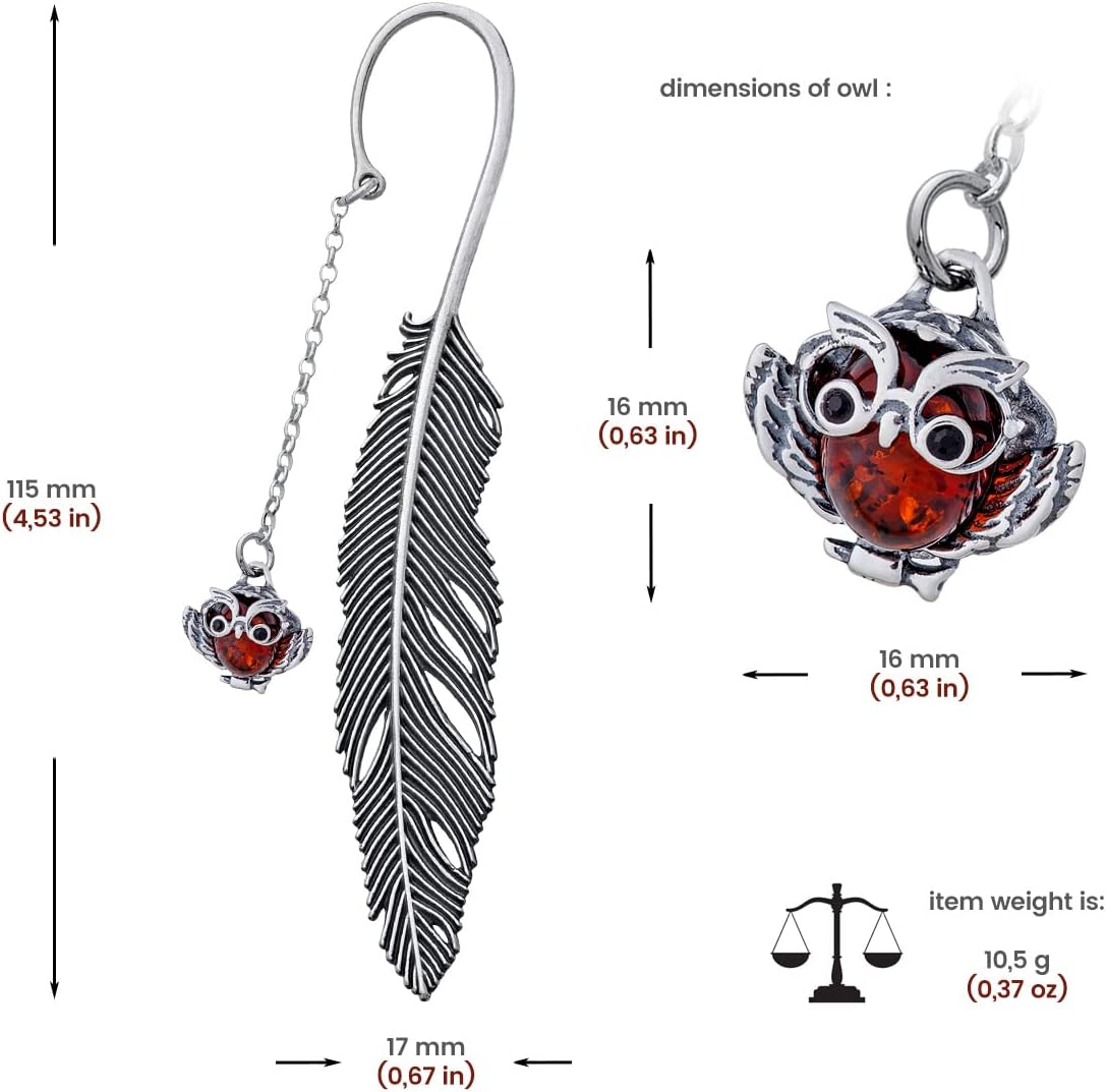 Bookmark, Oxidised Sterling Silver, Round Baltic Amber in Cognac Colour, Silver Wise Owl Bookmark with Amber L. 11.5 cm