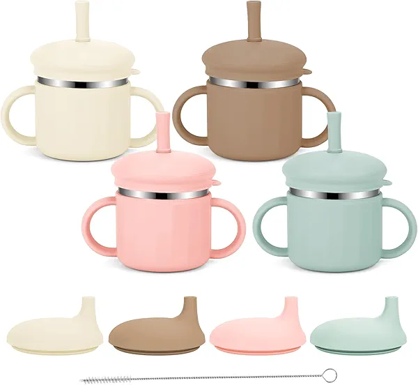 Upgrade Stainless Steel Baby Sippy Cups, 7.4 Oz Spill Proof Toddler Straw Cups, 3 Stages Training Cup for Toddlers 1-3 Year, Kid Cups with Silicone Sheel and Straws, 4 Colors (Pink+Green+Beige+Brown)