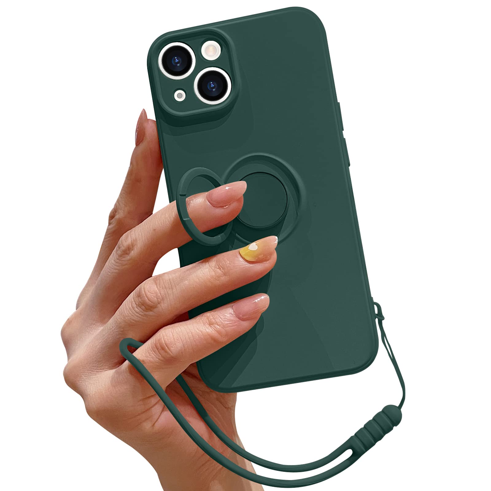 Compatible with iPhone 15 Case Liquid Silicone with Ring Holder,Detachable Wrist Strap,Magnetic Car Mount Kickstand,Shockproof Cover Protective Phone Case-Blackish Green