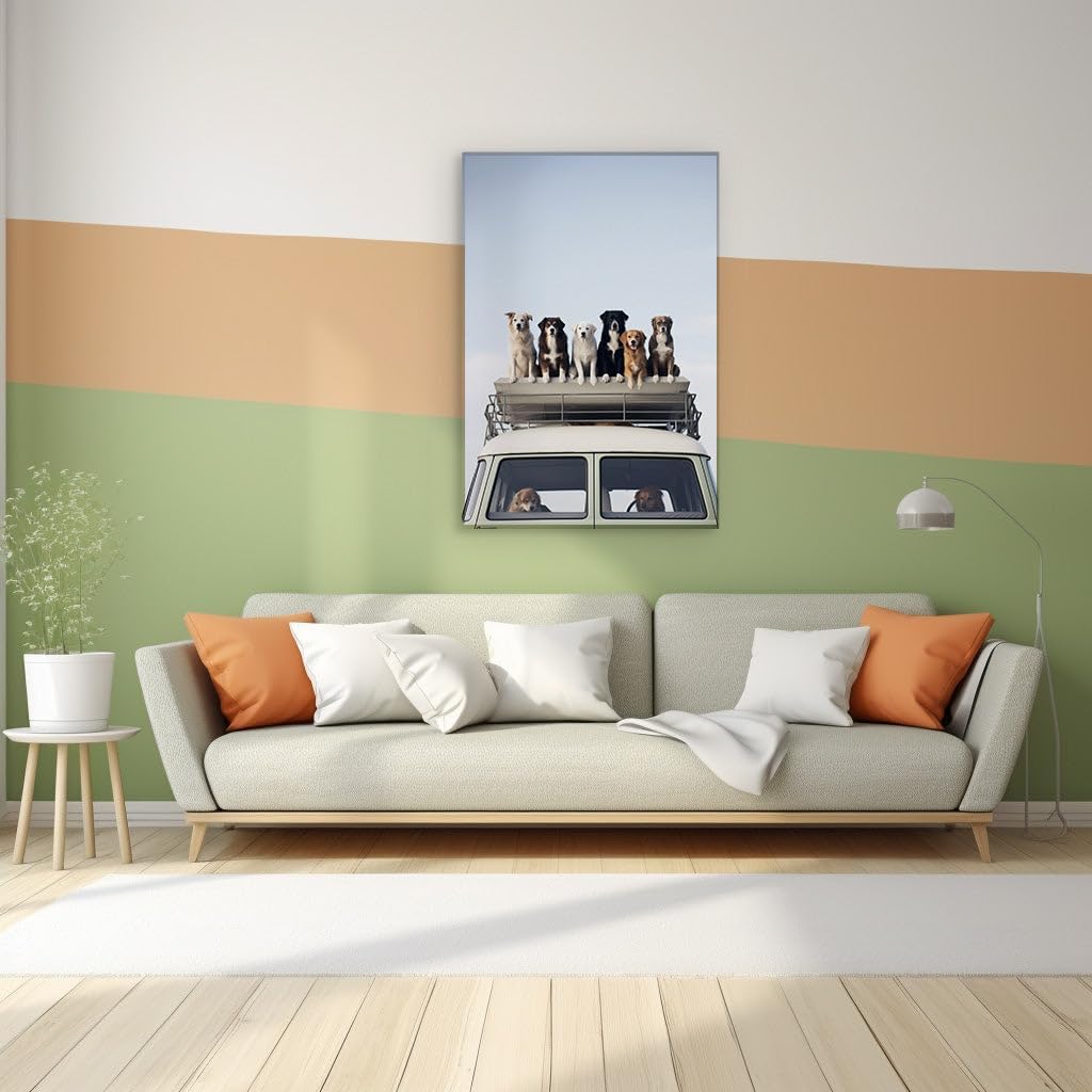 Canvas for Living room. Seven Canine Companions Command the Rooftop Lookout Against a Serene Blue Sky, 27 x 18 inch Canvas Wall Art - Modern Home Decor - 69x46 cm (27x18 inch)