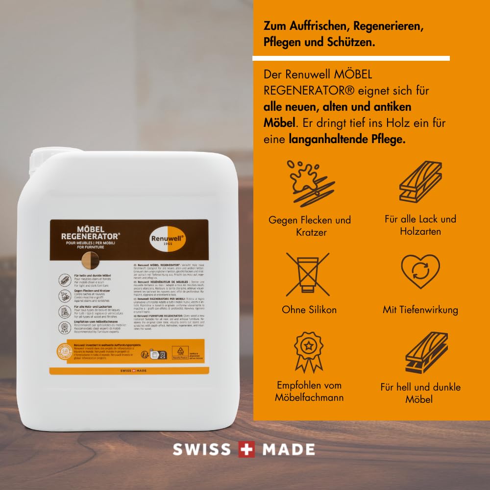 Renuwell Möbel-Regenerator, 5 Liter – Intensive Pflege und Regeneration für Holzmöbel und Oberflächen, entfernt Wasserflecken, Kratzer & Hitze-Ringe, Schweizer Qualitätsprodukt