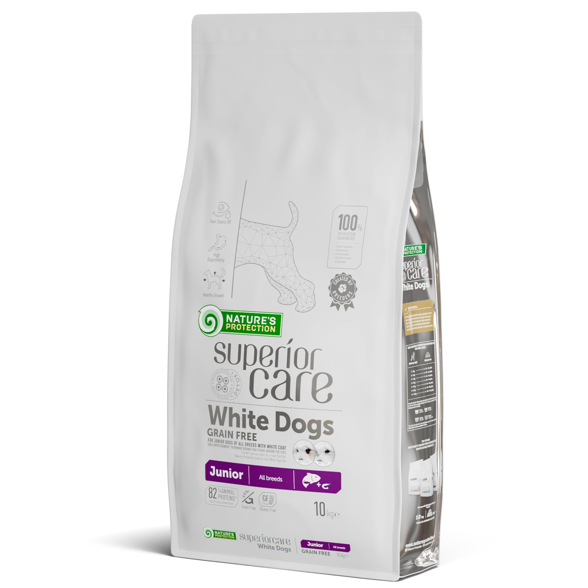 Nature's Protection Superior Care Grain Free Dry Dog Food for Junior White Dogs - Hypoallergenic Dog Food with Salmon, Omega 3 & 6 - Reduces Tear Stains, Promotes Healthy Skin & Coat, 10kg