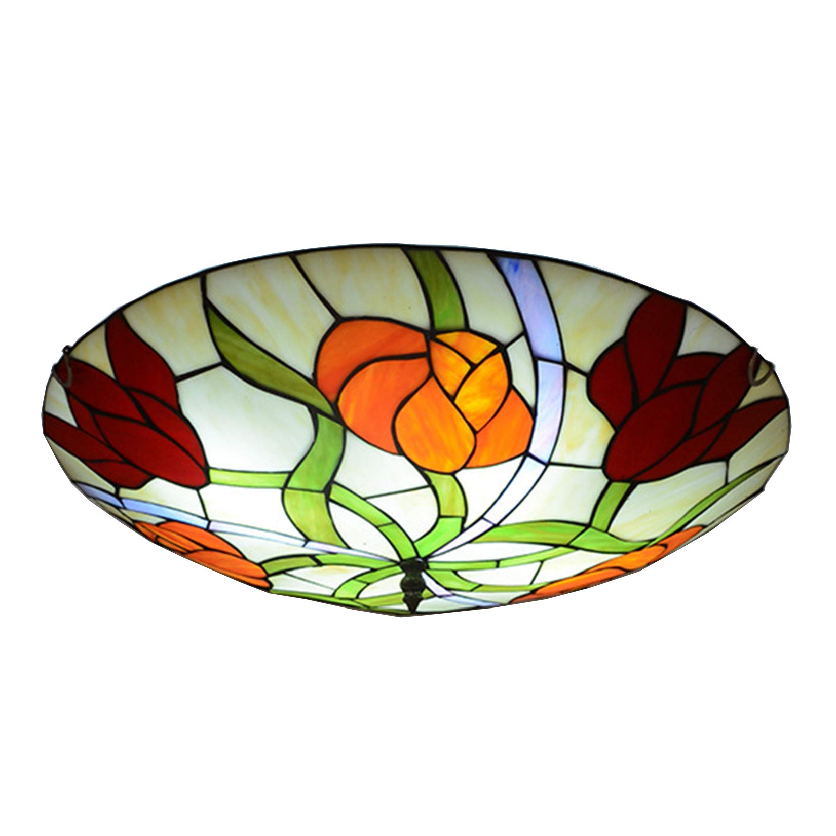 HJRegaFimu Vintage Ceiling Light Pastoral Red Orange Rose Stained Glass Shade Bedroom Living Room Lamp Fixture E27 (16 Inches)