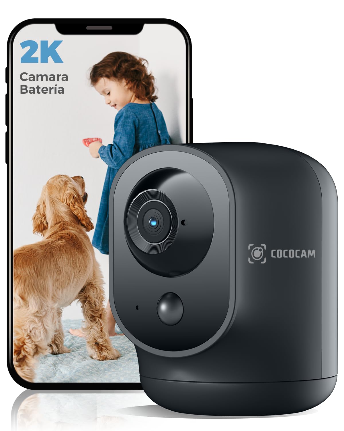 COCOCAM 2K Camara Vigilancia WiFi Interior Sin Cable con Batería 5200mAh, 355°P 90°T, Inalámbrica para Bebés Mascotas Cuidado Ancianos, Reconocimiento AI, Detección Humana PIR (1, Negro) ClimeCo Certified