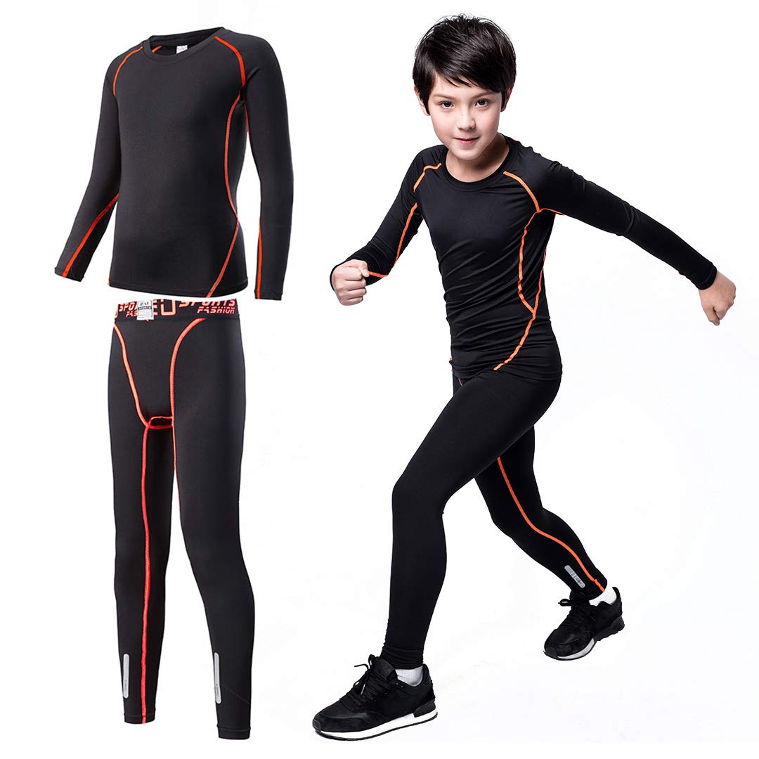 Tesuwel 2/3/4 Pcs Boys Girls Base Layer Athletic Compression Leggings and Shirts Thermal Underwear Set Running Pants Tights