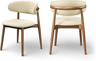 Meridian Furniture 88034Cream-C Leesa Collection Mid-Century Modern Dining Chair with Soft Vegan Leather, Solid Wood Frame, Oak Veneer, 18.5" W x 22.5" D x 31.25" H, Cream/Stained Brown, Set of 2