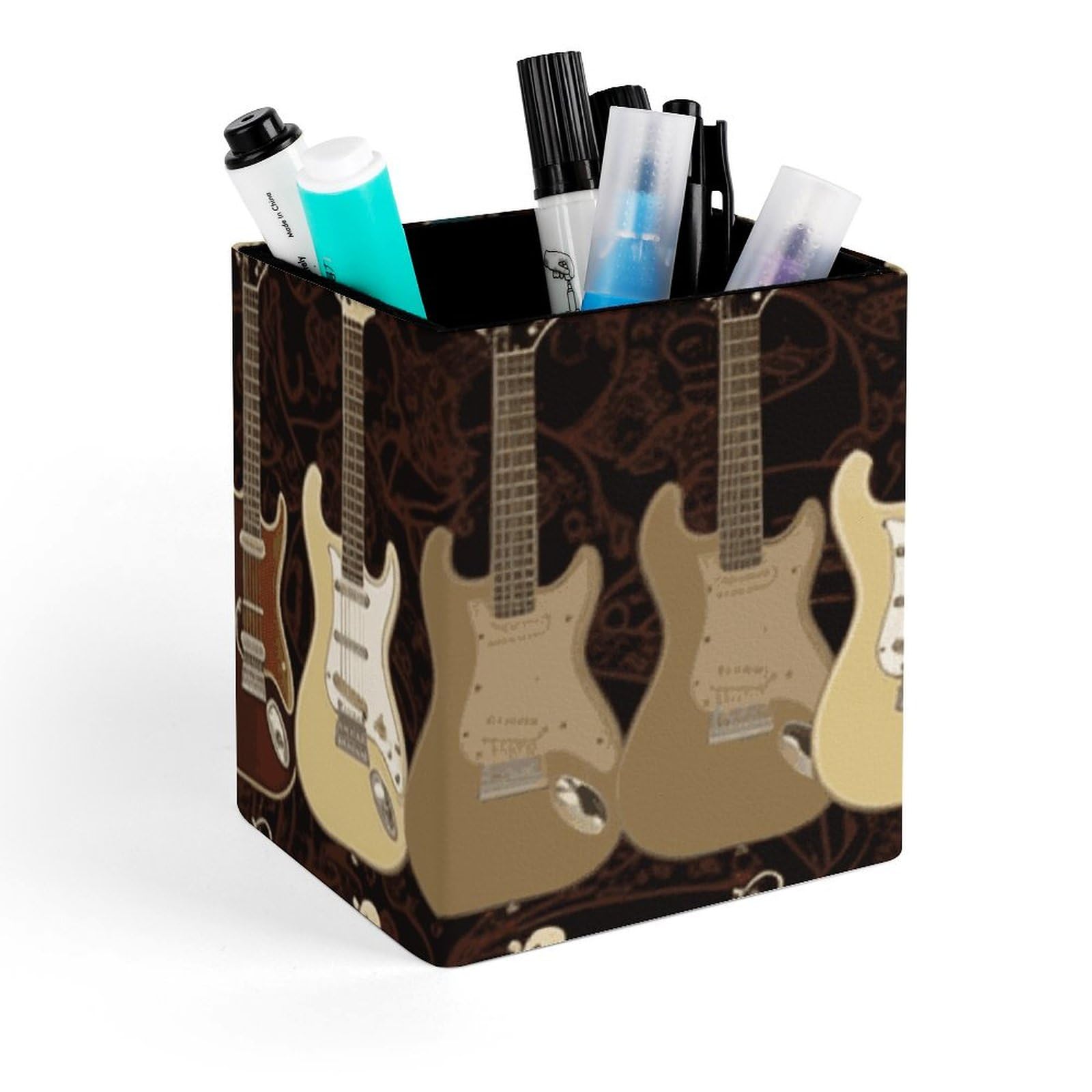 Porte-stylo carré en cuir motif guitare pour ranger un bureau encombré