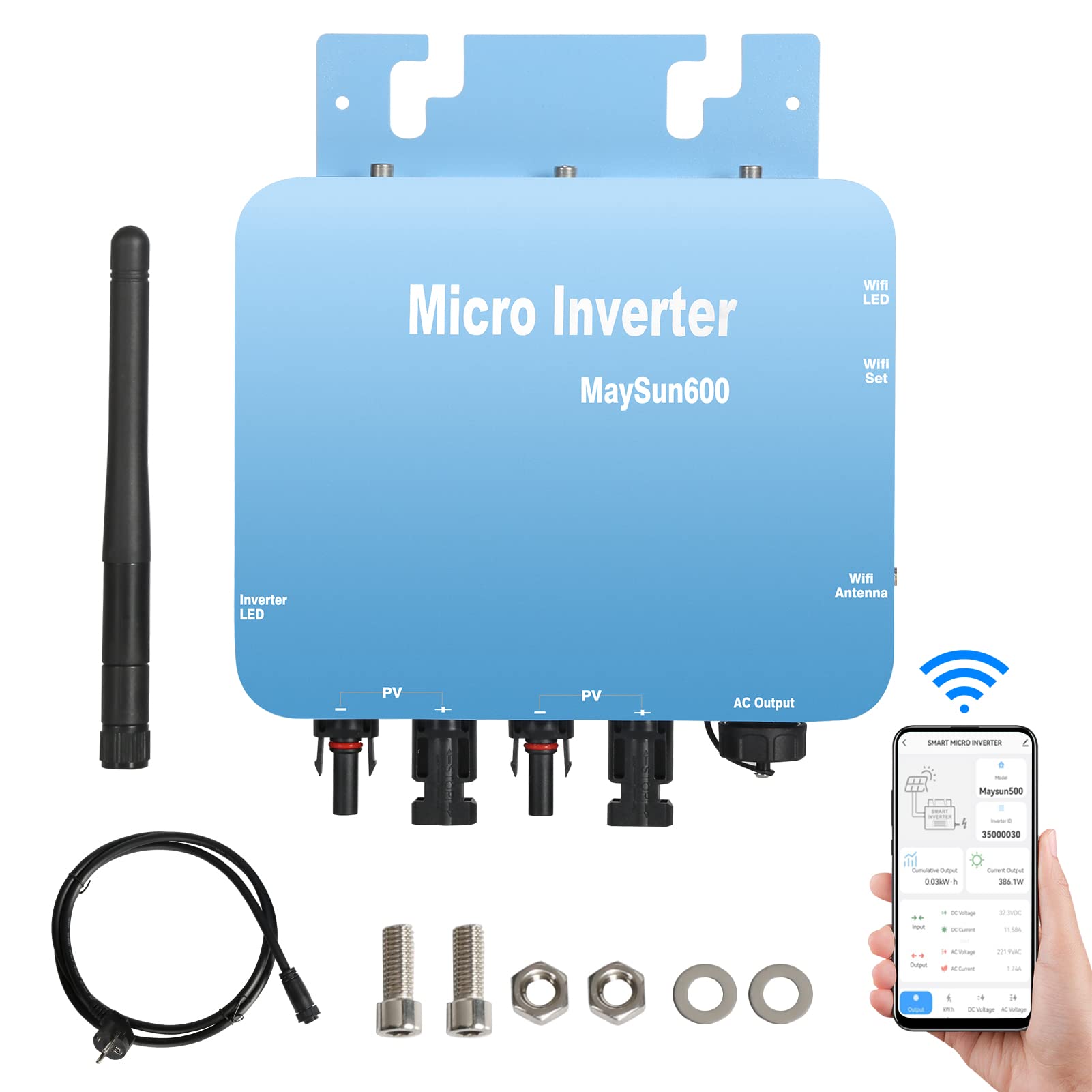 DEWIN Onduleur Solaire, MPPT Micro Onduleur Connecté Grid Tie Inverter 600W Pure Sine Wave Sortie avec système de Surveillance de téléphone Portable WiFi 230V