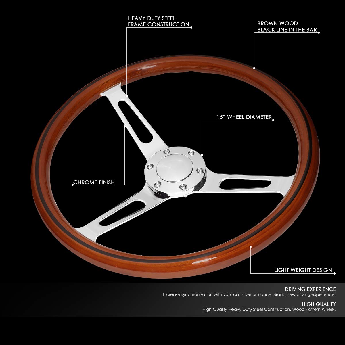 Auto Dynasty 15 Inches Wood Grain Grip Vintage Steering Wheel 2 Inches Deep Dish Stainless Steel Spoke w/Horn Button