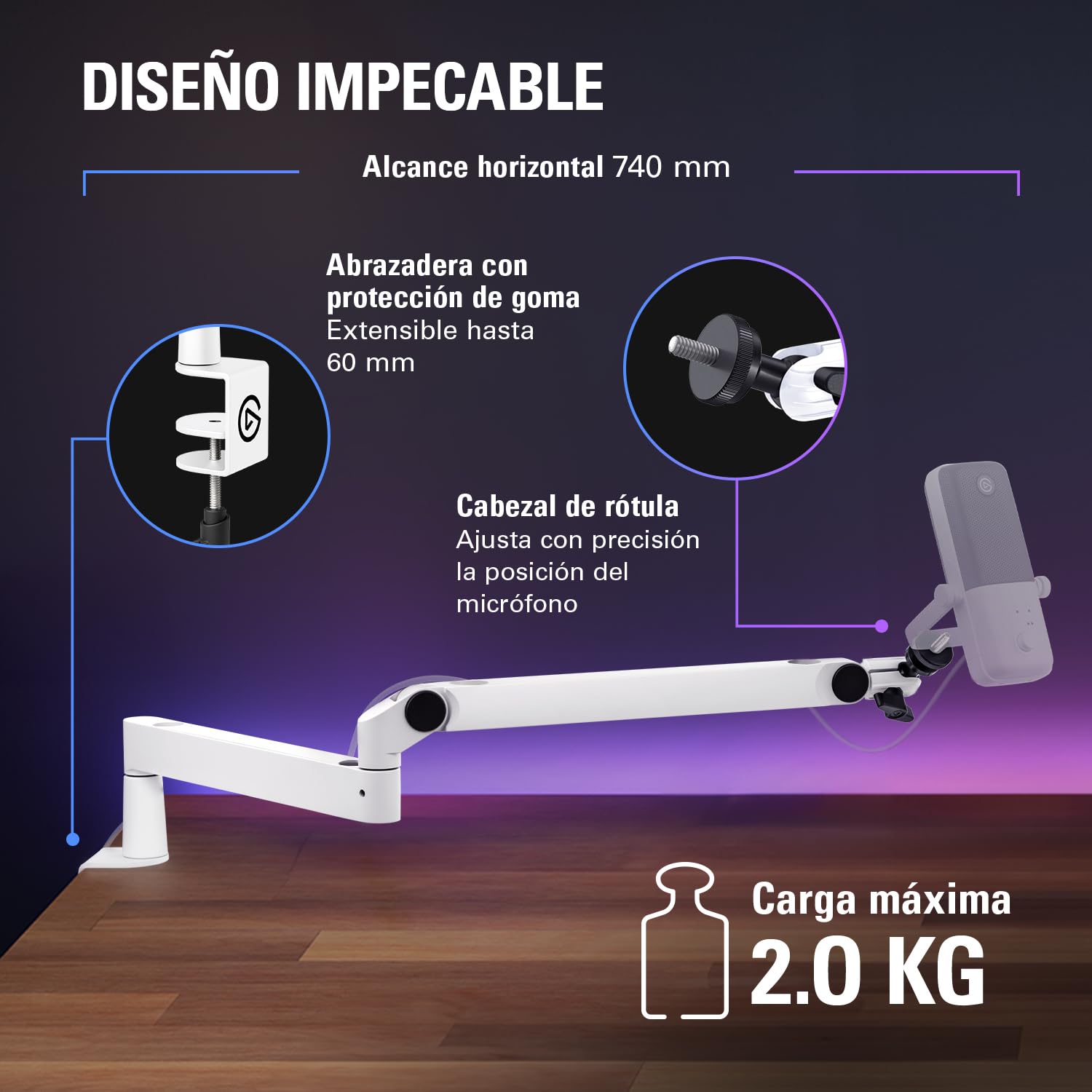 Elgato Wave Mic Arm LP White - brazo articulado prémium de perfil bajo con ranuras, abrazadera de mesa, montura versátil y totalmente ajustable, ideal para podcasts, streaming, juegos, oficina