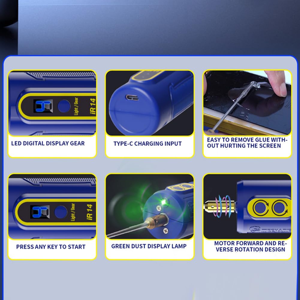 IR14 Écran de téléphone portable, extracteur de colle OCA, meuleuse électrique, prend en charge la marche et , 4 vitesses, réglable, bleu