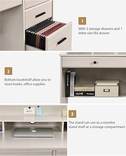 Miniatura 4 de HOMBCK Escritorio para computadora con cajones y albergue escritorio de oficina en casa mesa de escritura con cajón de almacenamiento de archivos