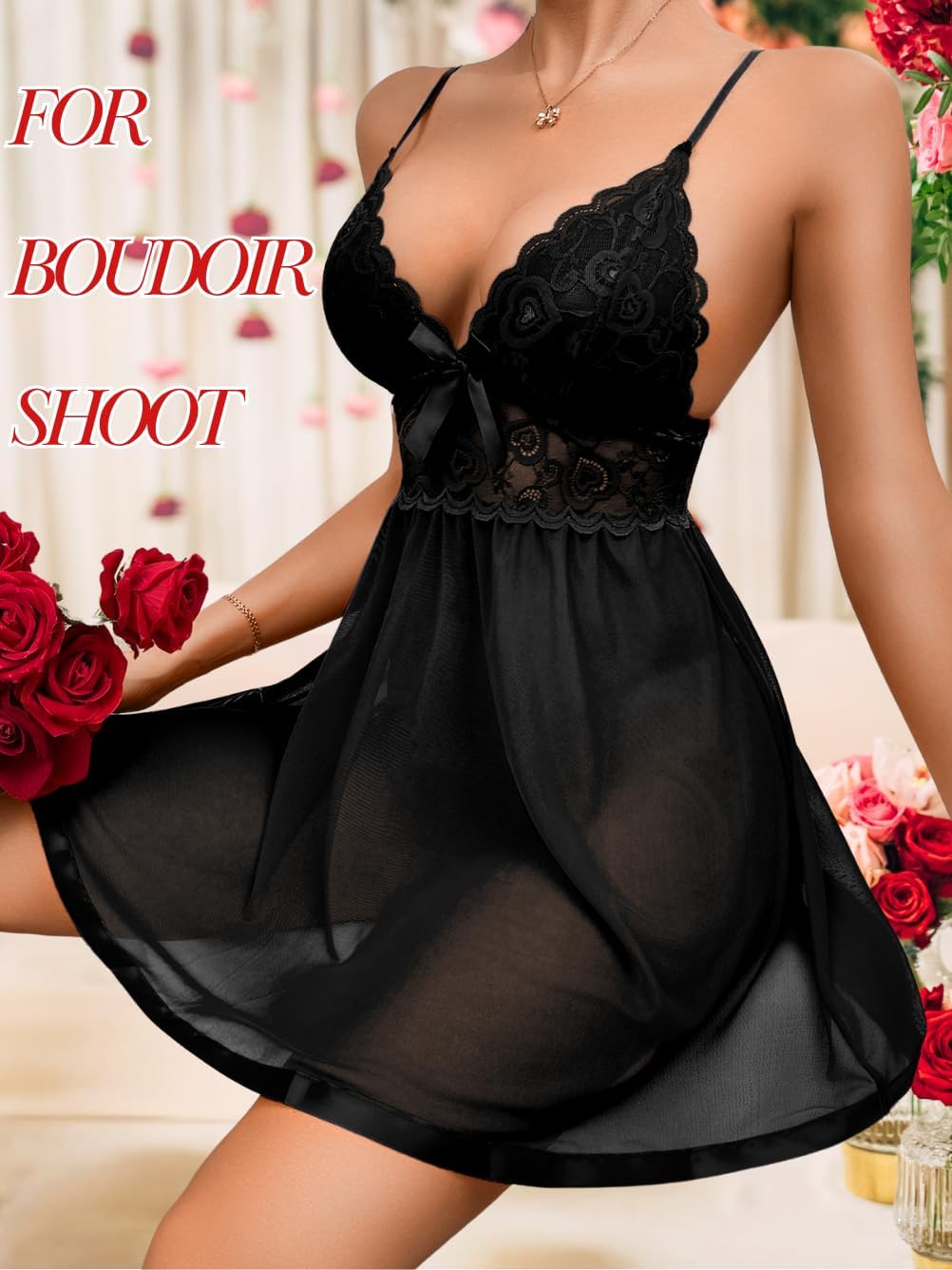 Heart Lace Babydoll Lingerie,Backless Sexy Night Gowns For Women,Sheer Nightgown Valentines Wedding Night - Image 5
