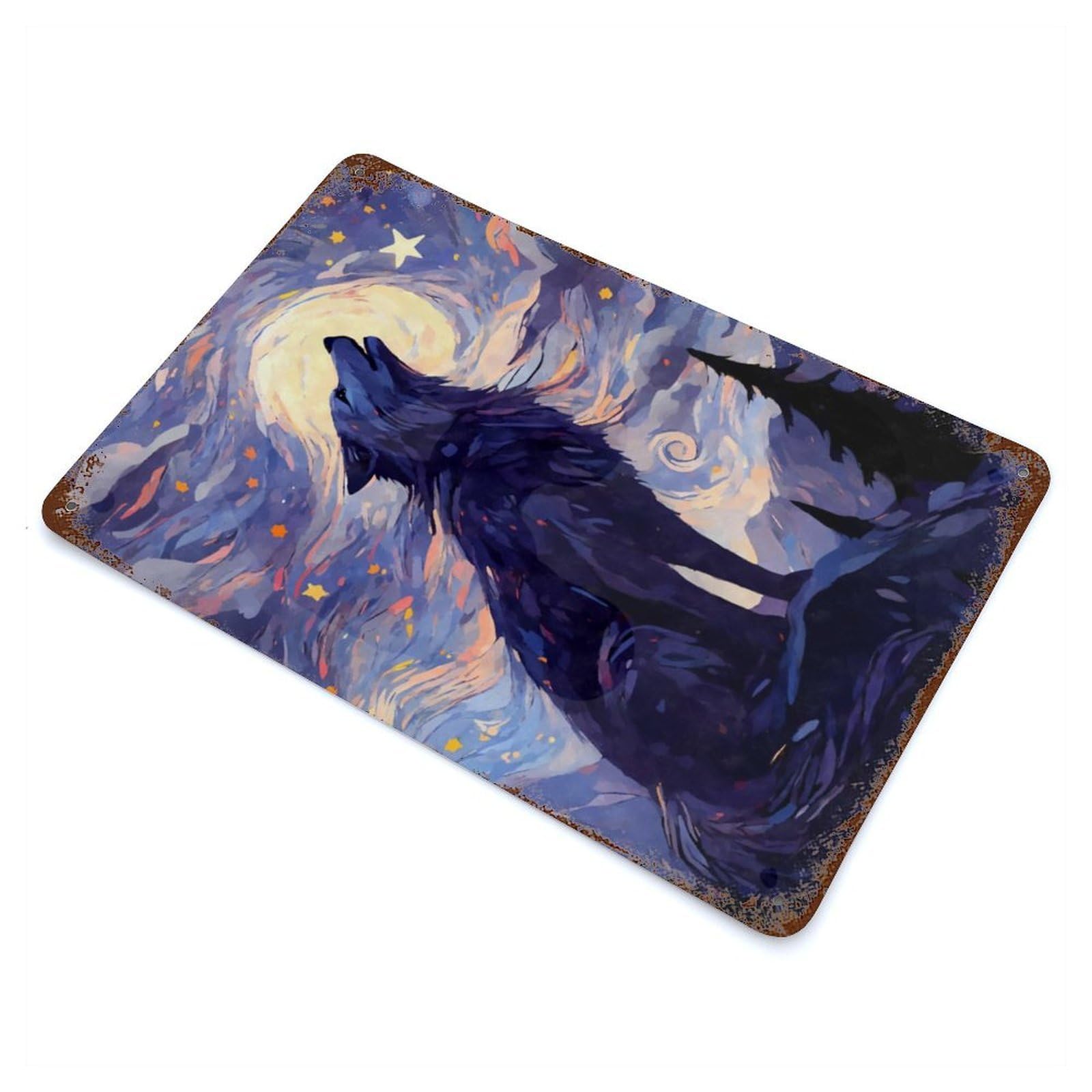 Garage Style Howling Wolf Starry Night Rust Effect Tin Sign 11.8"x7.9", Industrial Home Decor for Bar And Workshop