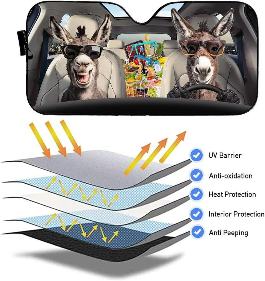 Animal Donkey Couple Shoping Car Front Windows Windshield Sun Shade Farm Auto Visor Shield, Funny Donkey Driver Car Accessories Foldable Sunshade for Truck Vas - 57 x 27.5 Inches