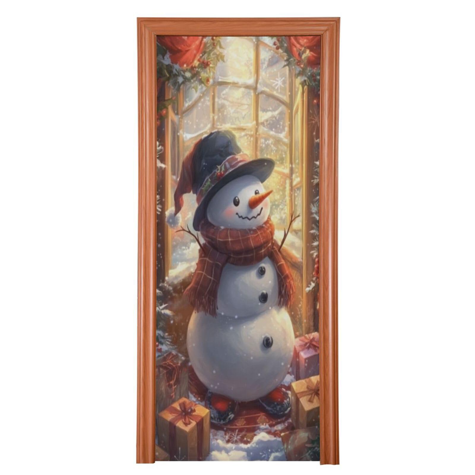 J JOYSAY Snowman Door Decorations Door Cover Xmas Home Decor Xmas Front Door Cover Decoration for Christmas Indoor Decor,32x79 in