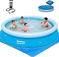 Bestway Piscina Inflável Fast Set Redonda com Tampa e Inflador, 4600L, Azul, 305x76cm, Kit Completo com Lona e Capa Protetora, para Crianças Acima de 4 Anos
