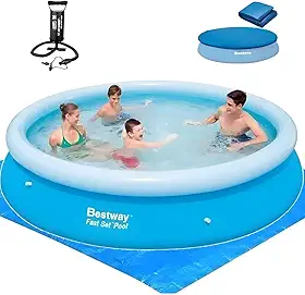 Bestway Piscina Inflável Fast Set Redonda com Tampa e Inflador, 4600L, Azul, 305x76cm, Kit Completo com Lona e Capa Protetora, para Crianças Acima de 4 Anos