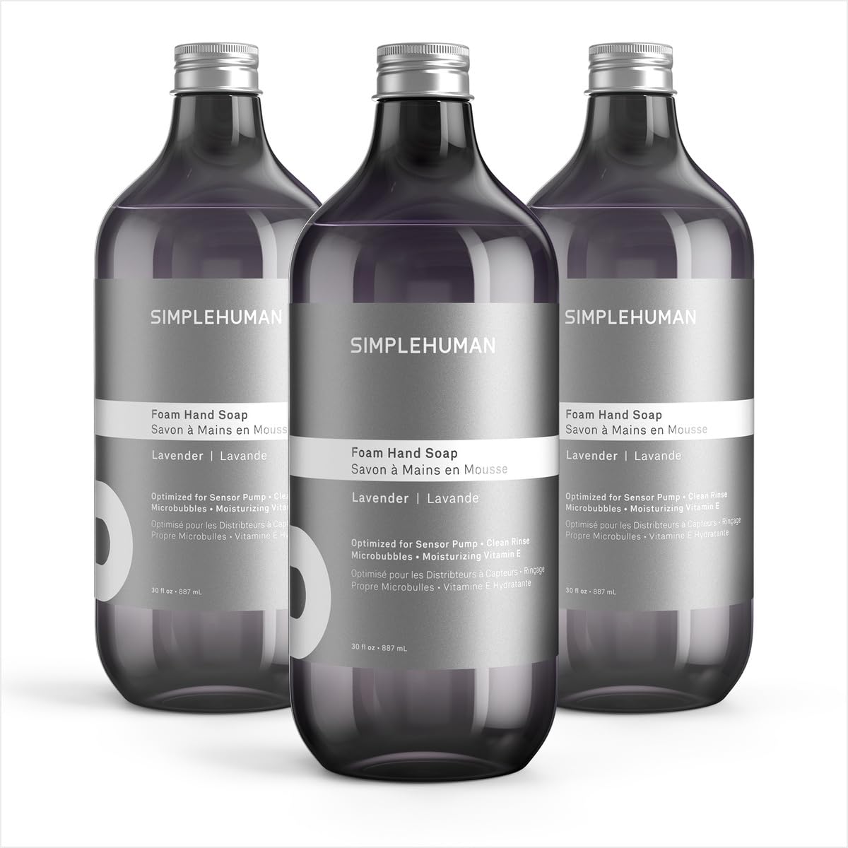 Photo 1 of simplehuman Lavender Foam Hand Soap Refill Bottle 3-Pack, 30 fl. oz. Each, Gentle & Refreshing Rosewood Herb Aroma, Rich Creamy Foam Lather, Sulfate & Paraben Free, for simplehuman Sensor Pump